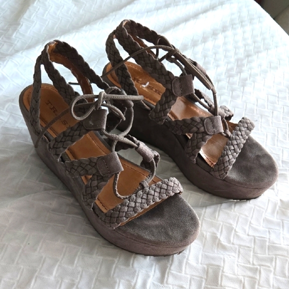 Trask Shoes - Trask Gray Wedge Braided Lace Summer Shoes Comfort Stylish Boho Bohemian